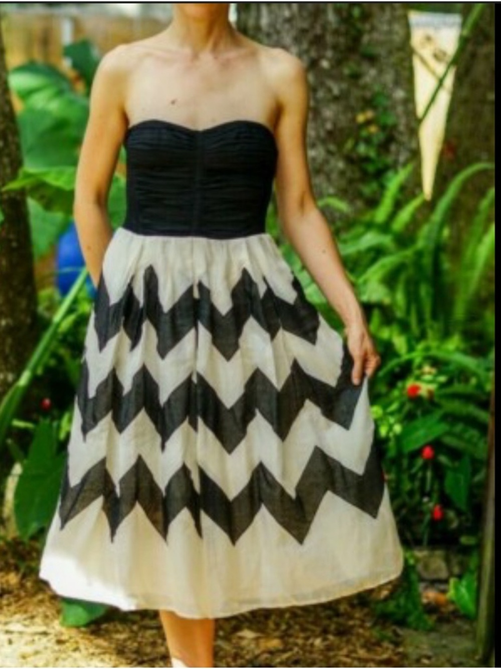 Strapless Black & Cream Chevron Midi Dress